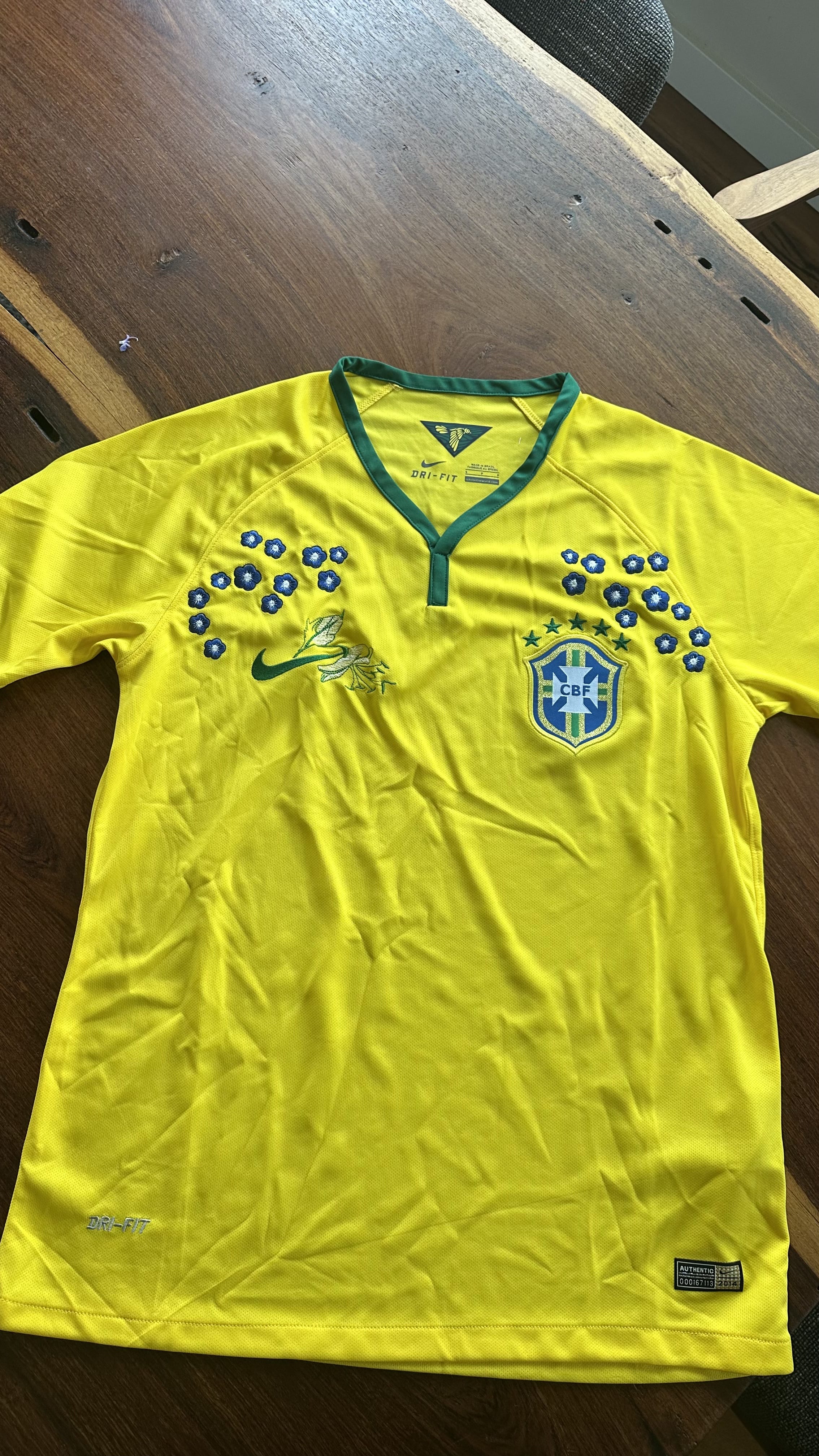 Custom Floral Embroidered Brazil World Cup 2014 Home Football Jersey